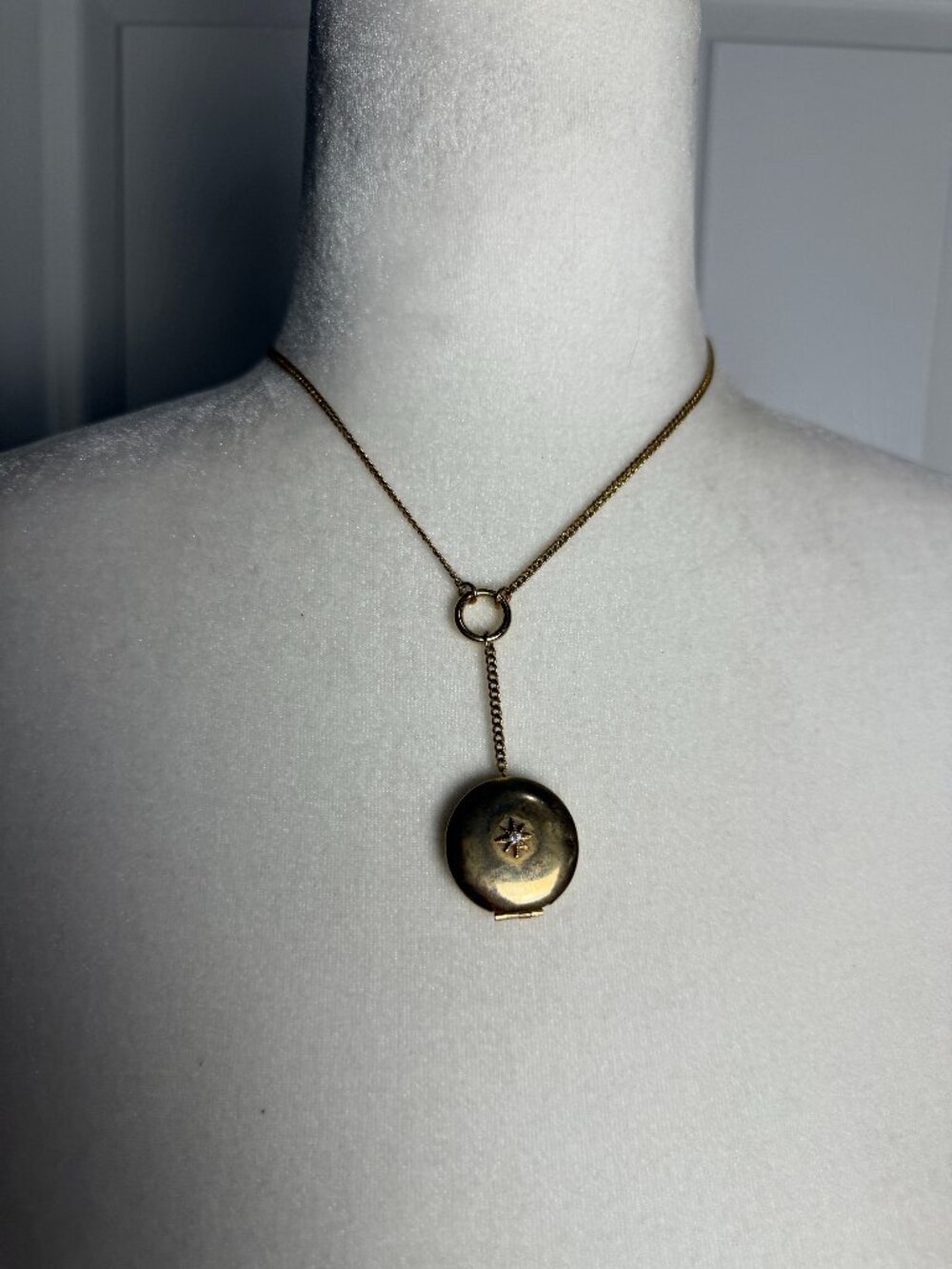Vintage Gold Tone Crystal Accented Drop Locket Pendant Necklace